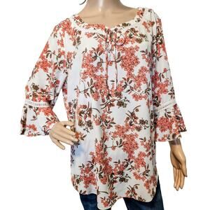 Christopher & Banks Floral Polyester 3/4 Sleeve Tie-neck Top Size Large